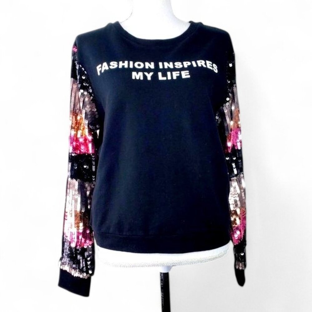 Lea & Viola Sequin Sleeve Terry Sweater Top Women's Flashy Sparkling Spellout XS